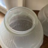2 semi-opaque glass vases with relief bird designs.