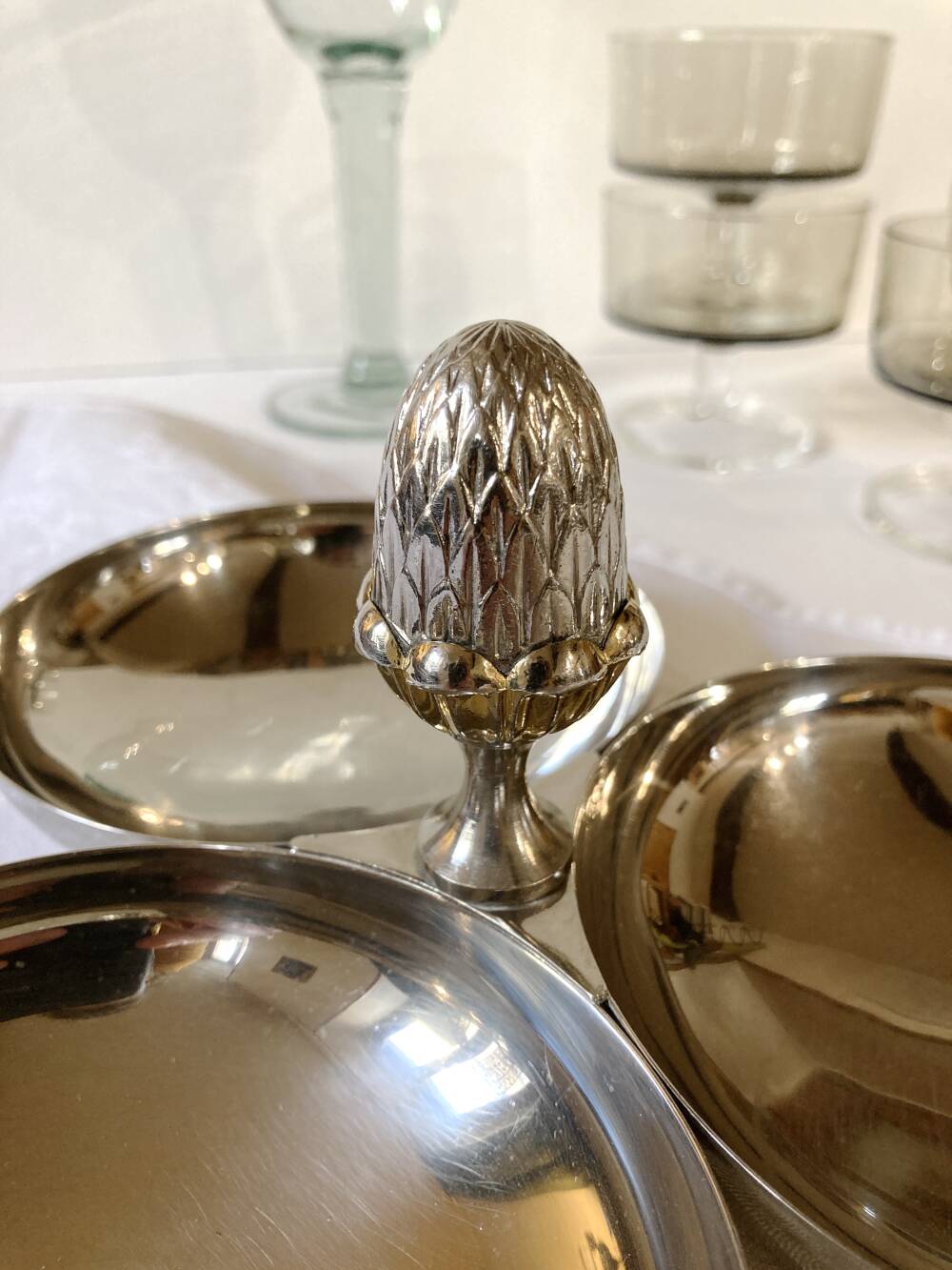 Silver-plated aperitif server / metal beggar, pine cone handle