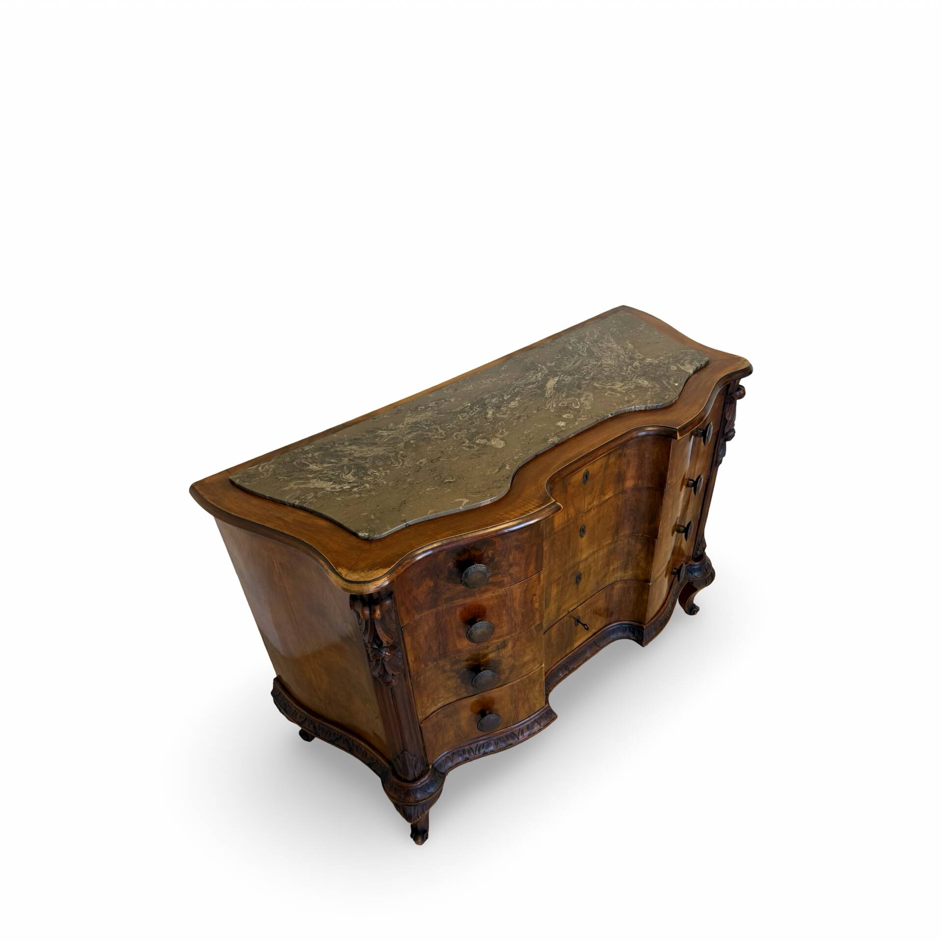 serpentine commode in antique walnut