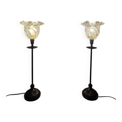 Paire de lampes à poser noir et verre transparent vintage