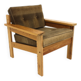 Fauteuil scandinave en pin et en velours, Suède, 1970
