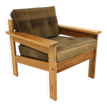 Fauteuil scandinave en pin et en velours, Suède, 1970