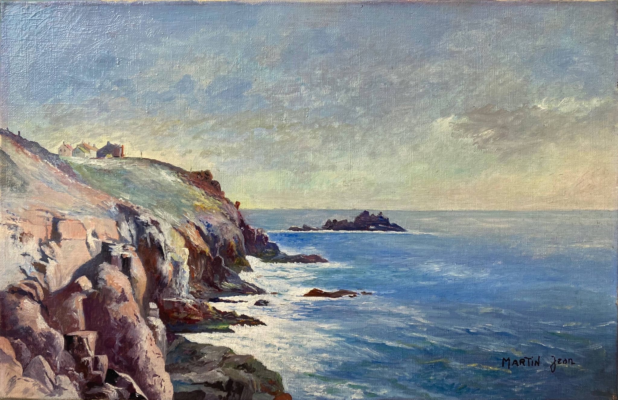 Painting "Breton Marine" or Normandy, HST Village on the coast Jean Martin