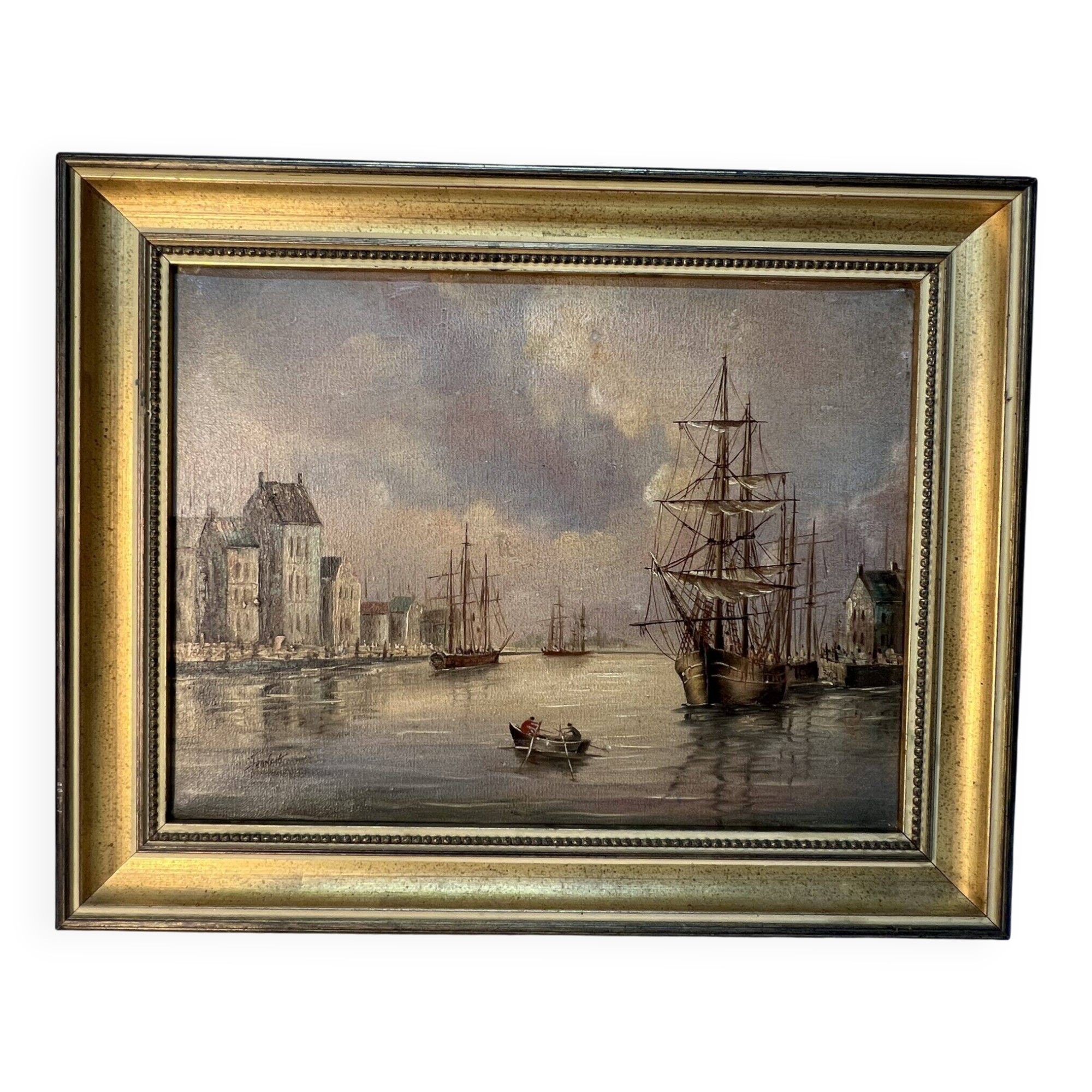 Alexandre Thomas Francia, oil on canvas with marine theme and sailboats