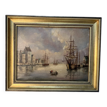 Alexandre Thomas Francia, oil on canvas with marine theme and sailboats