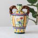 Old handcrafted amphora / polychrome bird glazed terracotta vase