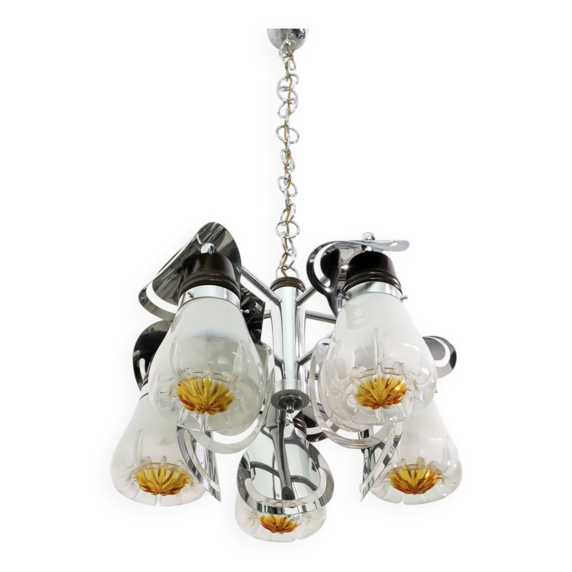Mazzega Mid-Century Modern Italian Murano Glass and Steel Chandelier, 1970s