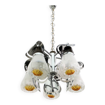 Mazzega Mid-Century Modern Italian Murano Glass and Steel Chandelier, 1970s