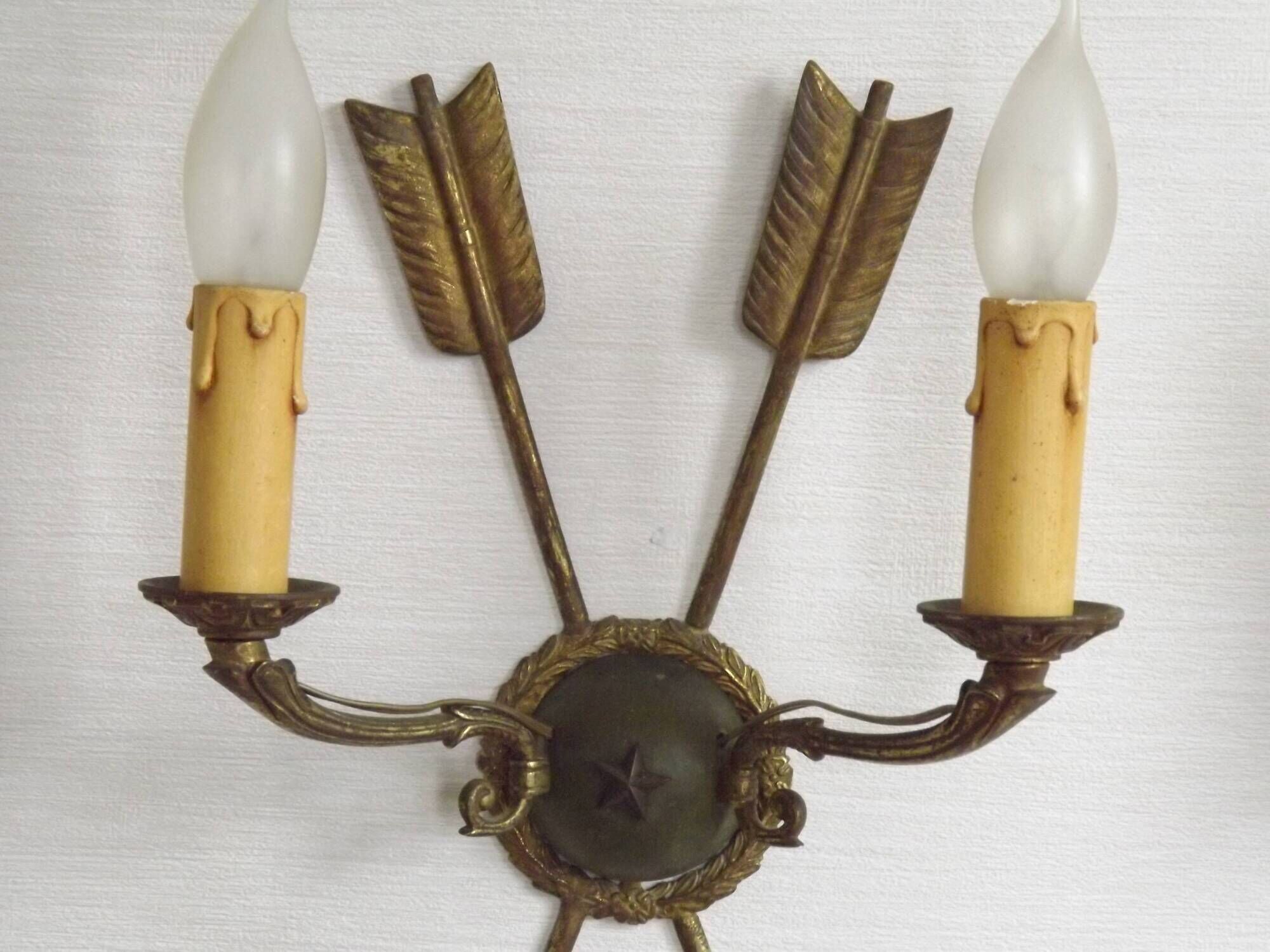 French Vintage Bronze Empire Arrow & Quiver Criss Cross Double Wall Sconces
