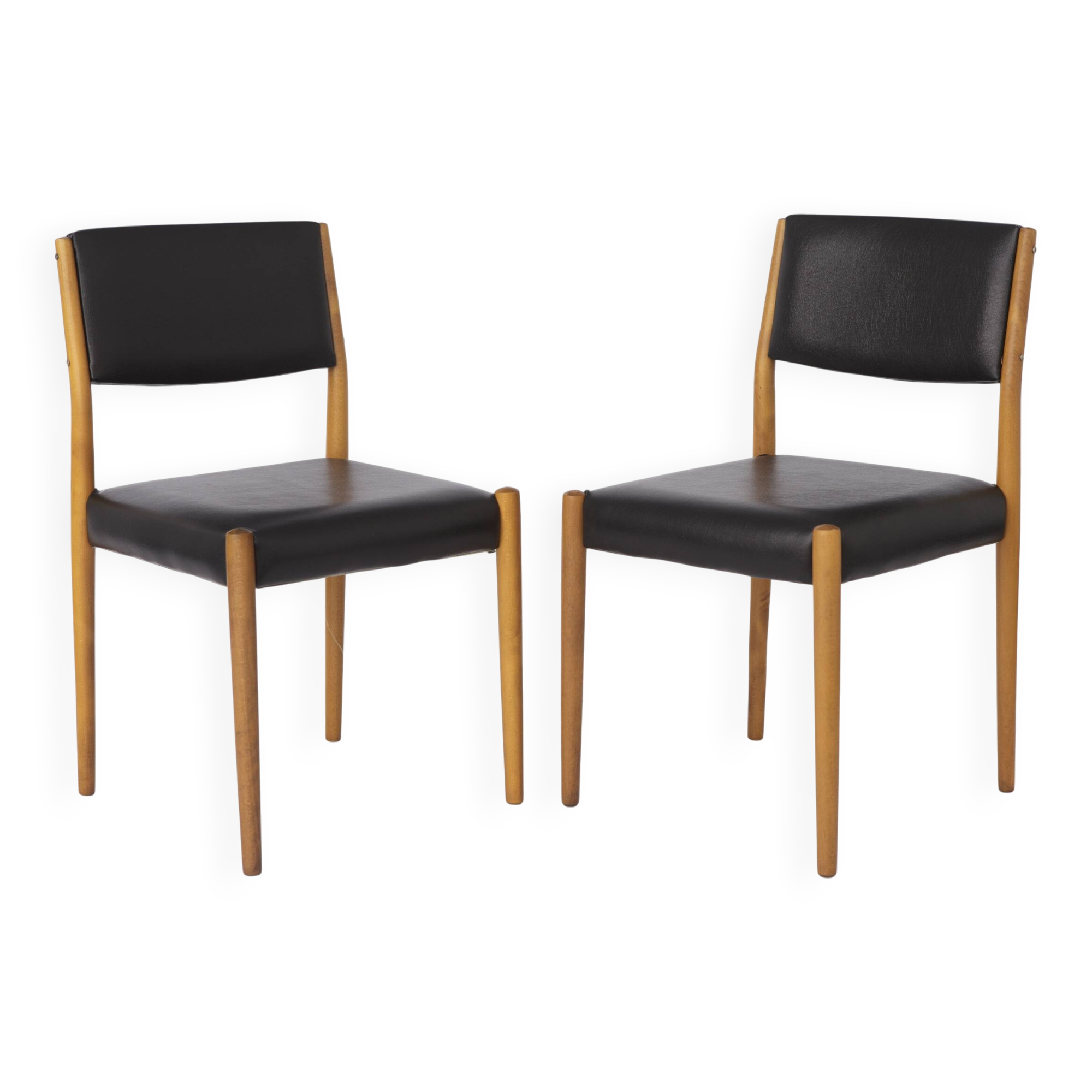 Pair of Vintage German Chairs, 1960s–1970s, Beechwood, Black Faux Leather