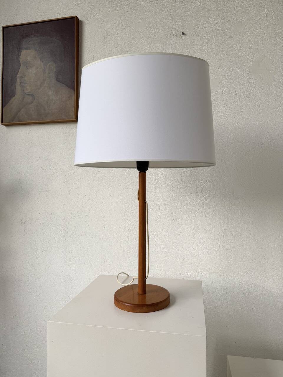 70s oak wood table lamp