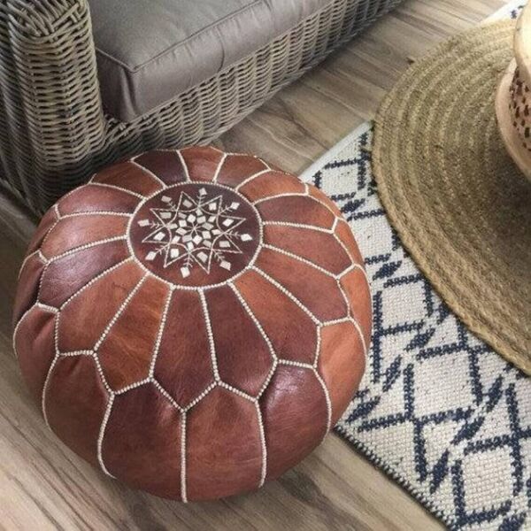 Pouf en cuir marocain, pouf ottoman marocain, pouf marocain BRUN, vintage marocain, pouf en cuir