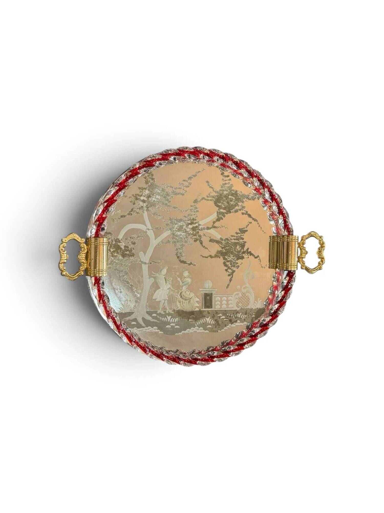 Engraved mirror plateau with twisted red and white glass border, Murano / Venice (c. 1940–1950)