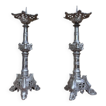 large pair of silvered bronze candlesticks from the 19th century