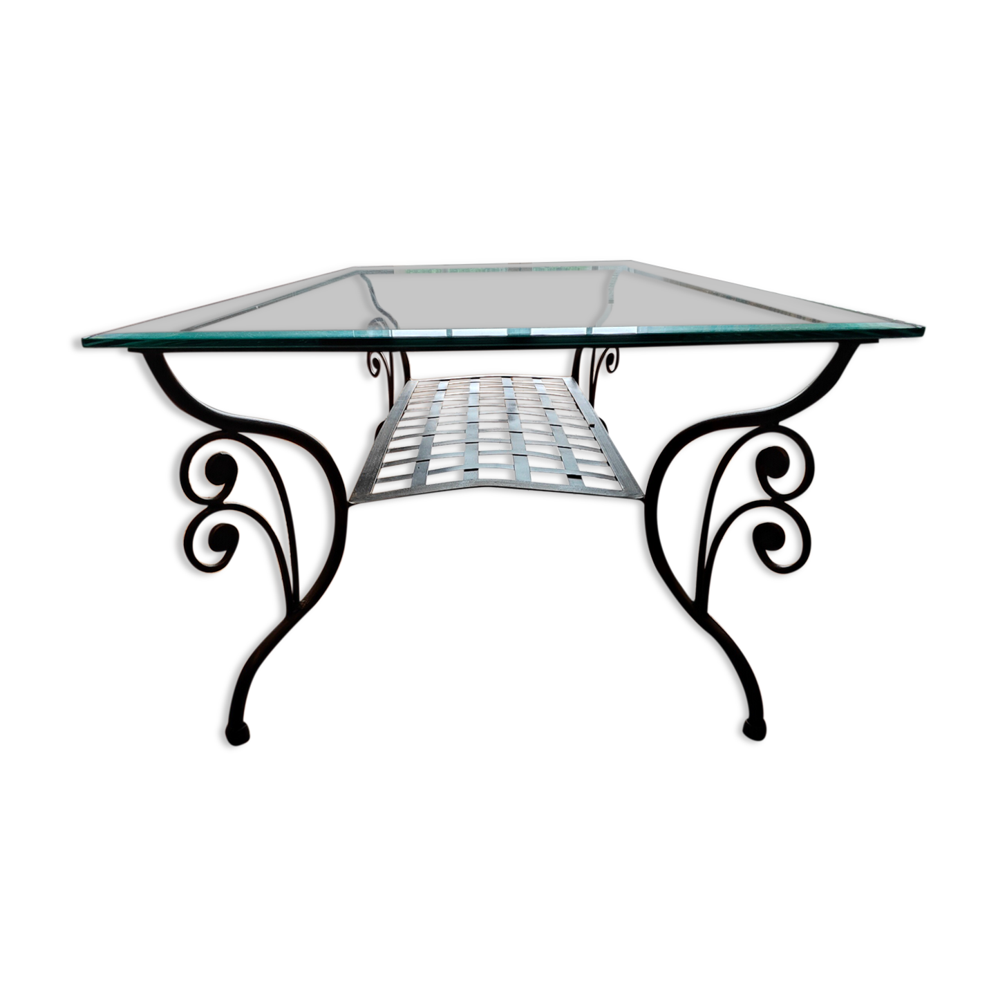 Black wrought iron coffee table and Roche Bobois glass top