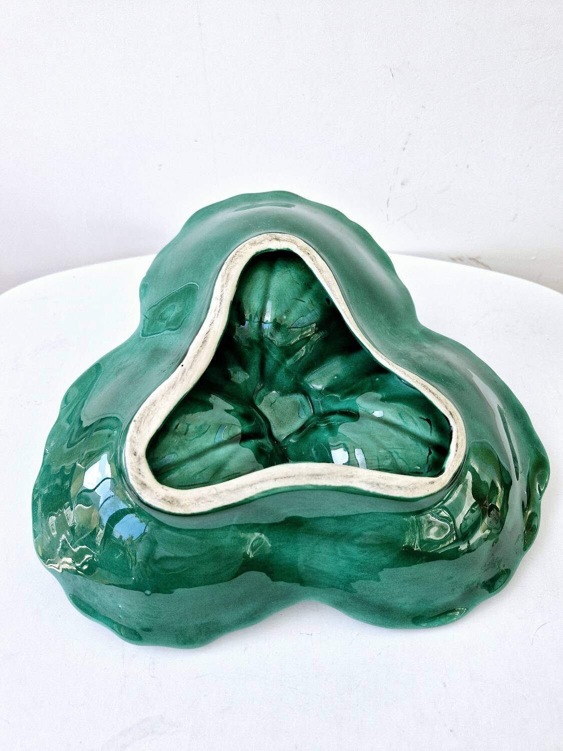 Vintage compartmentalized ceramic serving dish cabbage leaf shape Vallauris style