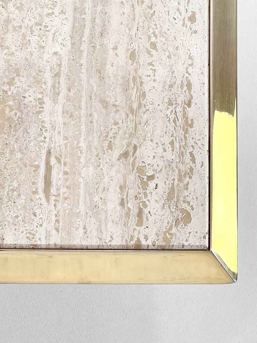 1970s square coffee table in travertine and brass