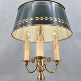 Lampe bouillotte en bronze de style Louis XVI, Trois lumières, Abat-jour peint en vert Craquelé