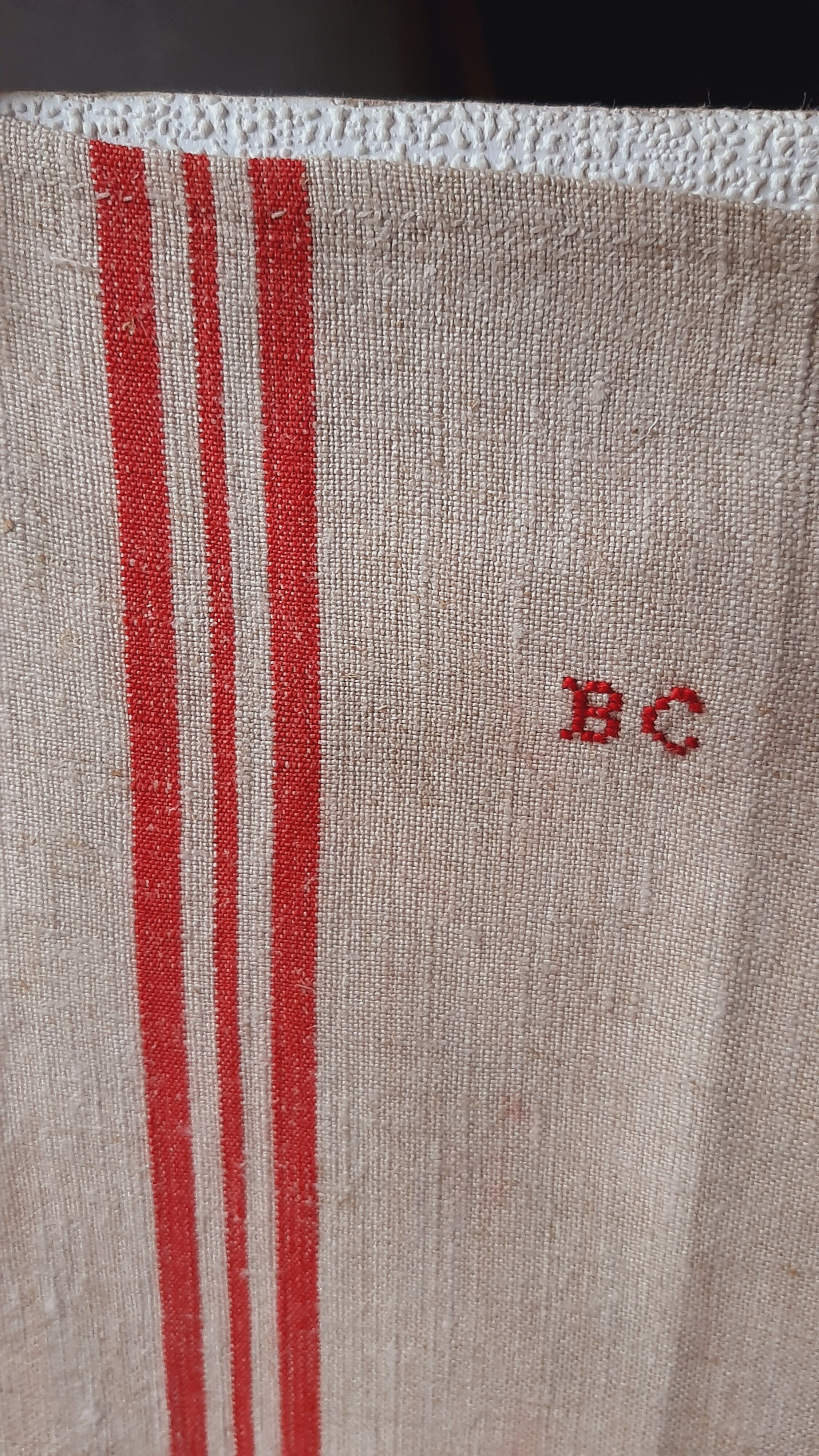 6 old linen tea towels ecru red stripes monogram b.c.