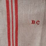 6 old linen tea towels ecru red stripes monogram b.c.