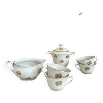 Petit 6 service à thé / café français - Porcelaine blanche du Centre - Motif fleuri et liseré doré