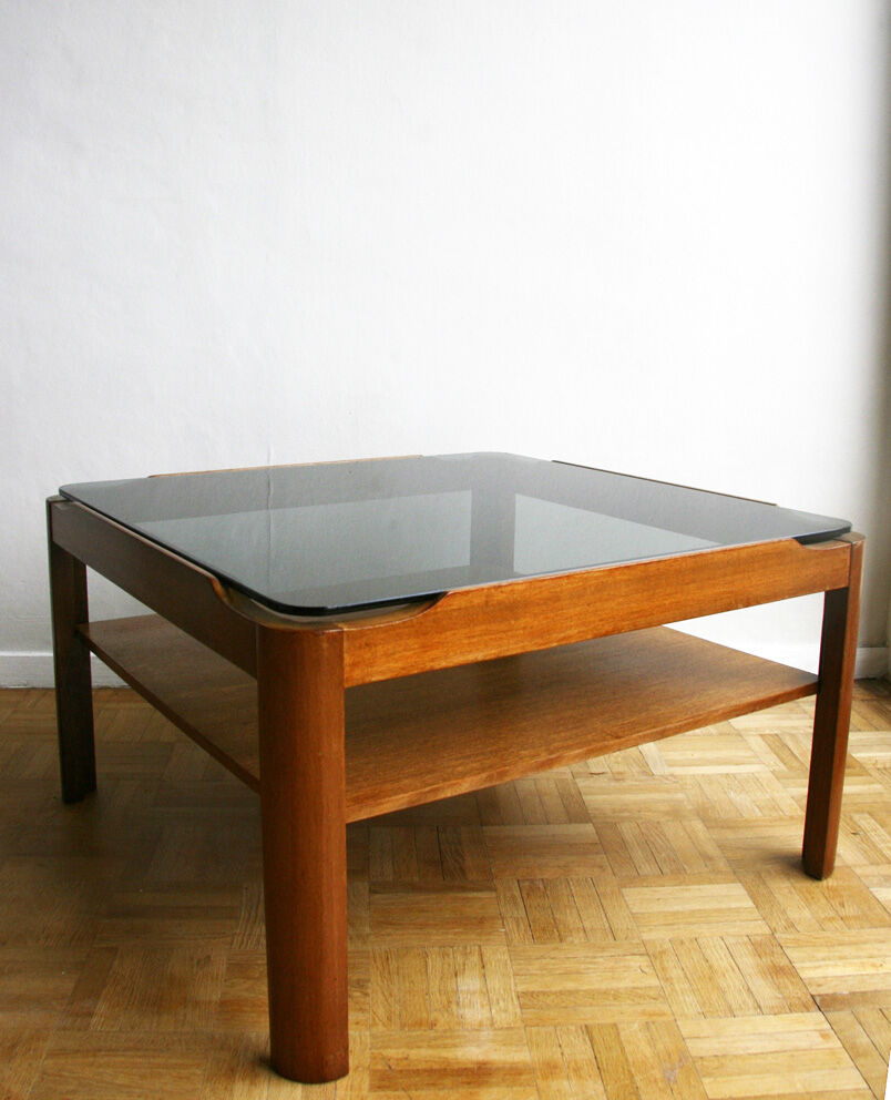 Table basse carrée en teck et verre - 1970