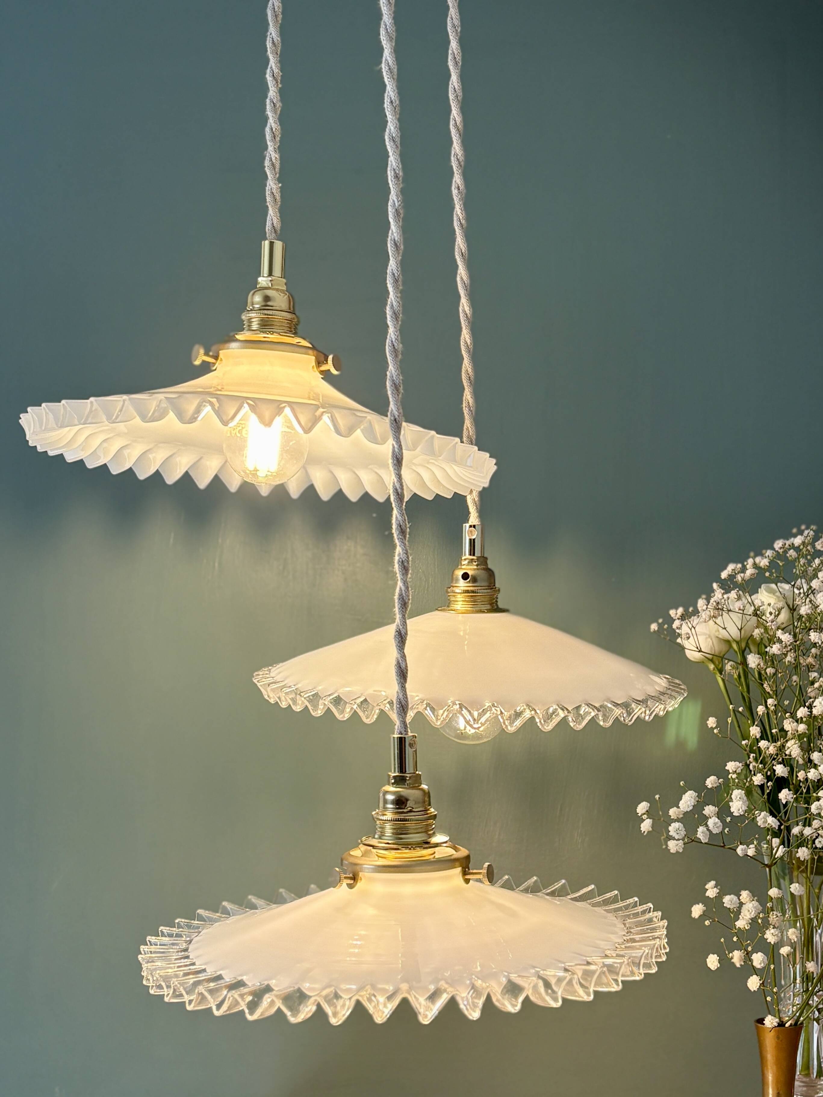 Vintage triple pendant lamp in white opaline