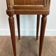 Pair of mahogany and brass side tables or bedside tables with Carrara marble tops.