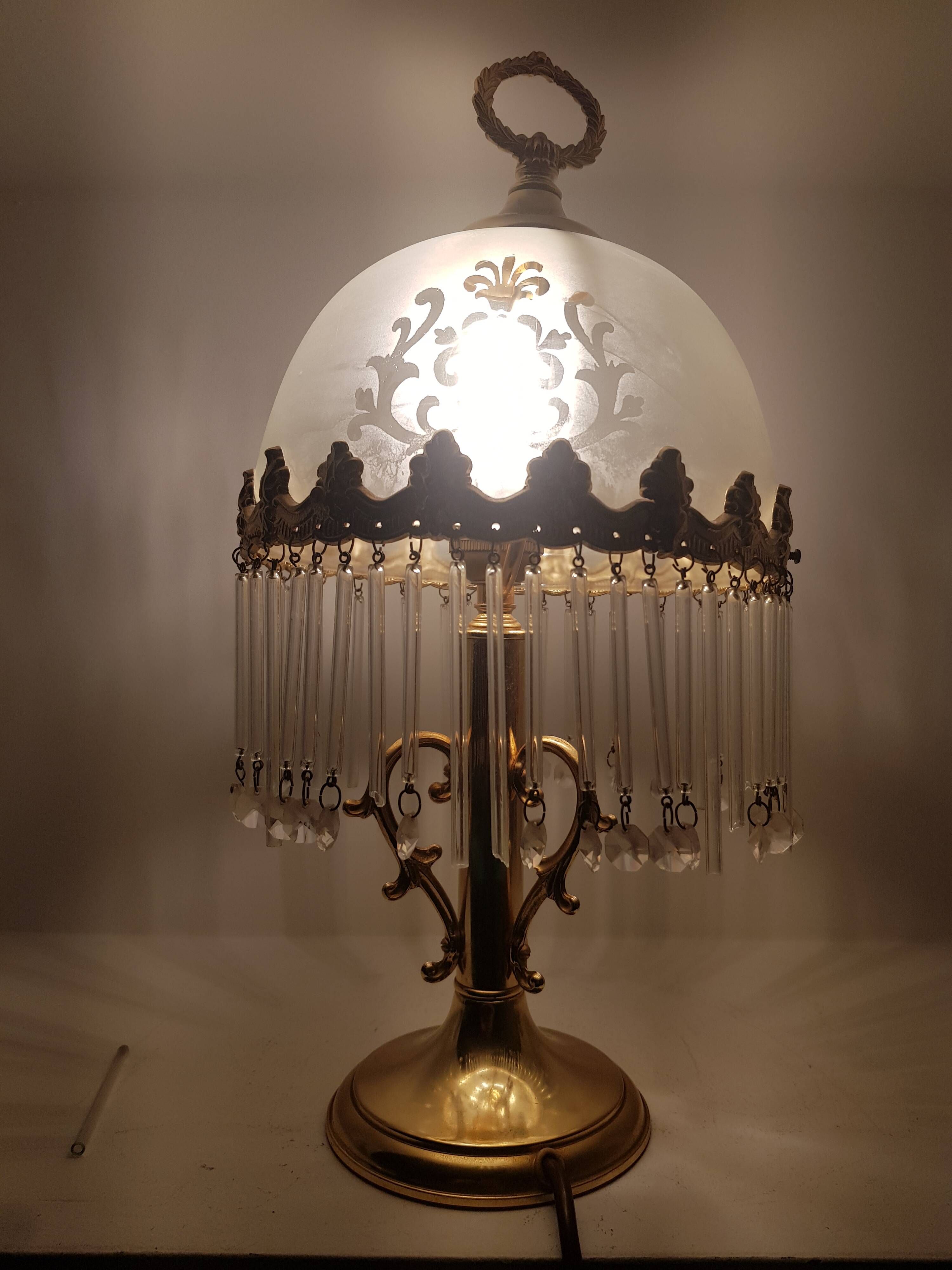 Lampe de table Peris Andreu, laiton doré, verre dépoli décoré, Espagne, années 60.