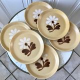 Set of 6 plates in sandstone flowers hand painted 70s