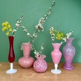 Set of 5 antique vases/soliflores in opaline and pink and red glass.