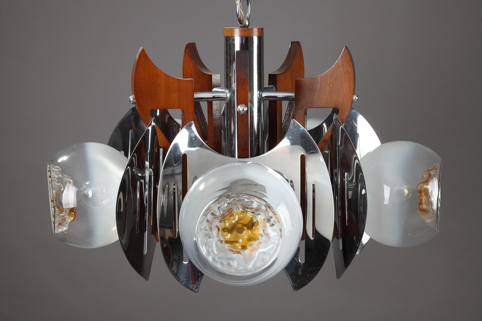 Mazzega chandelier in murano glass, chrome and wood, 1970's