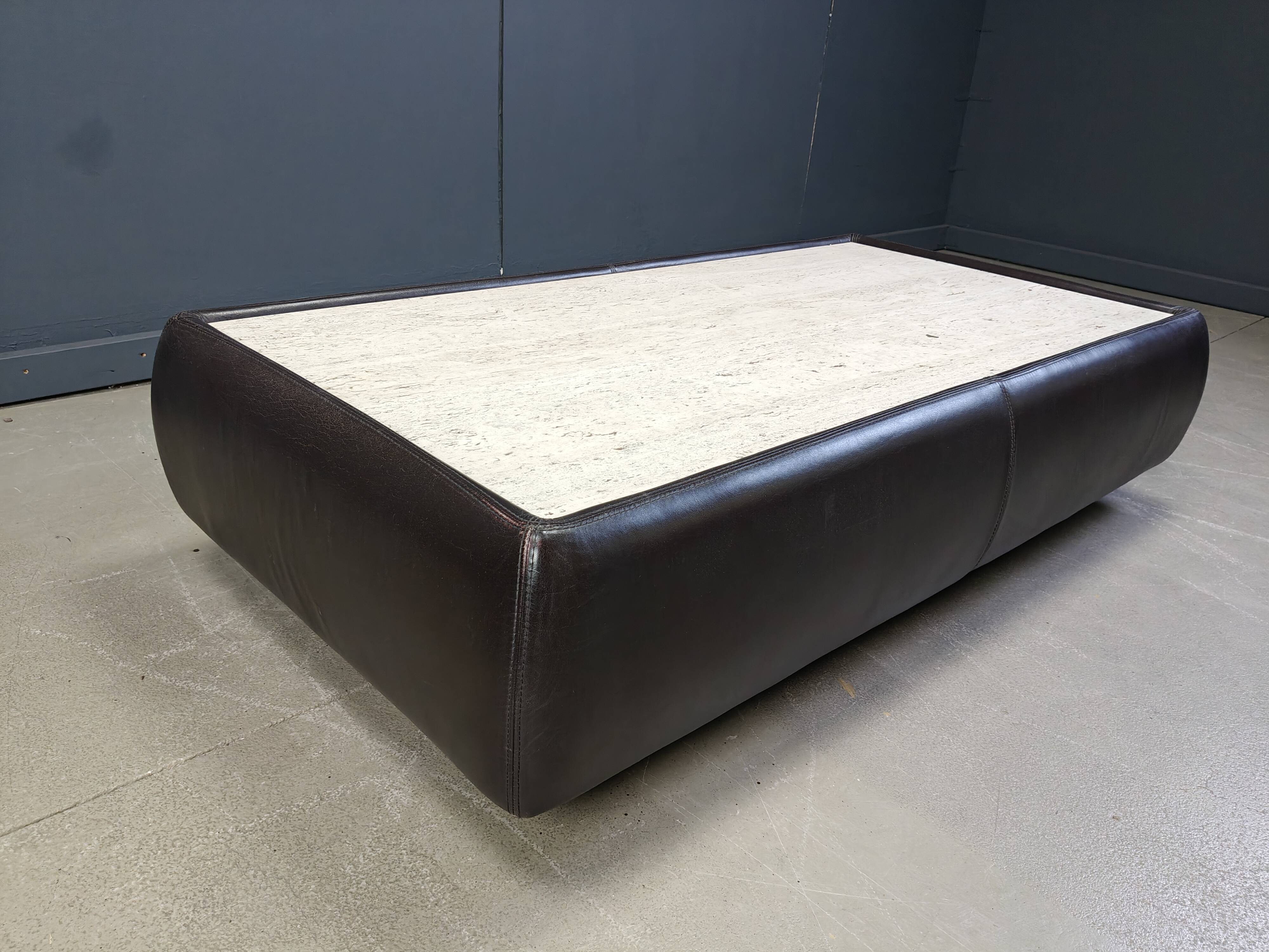 Leather and travertine coffee table attr to Desede, 1970s