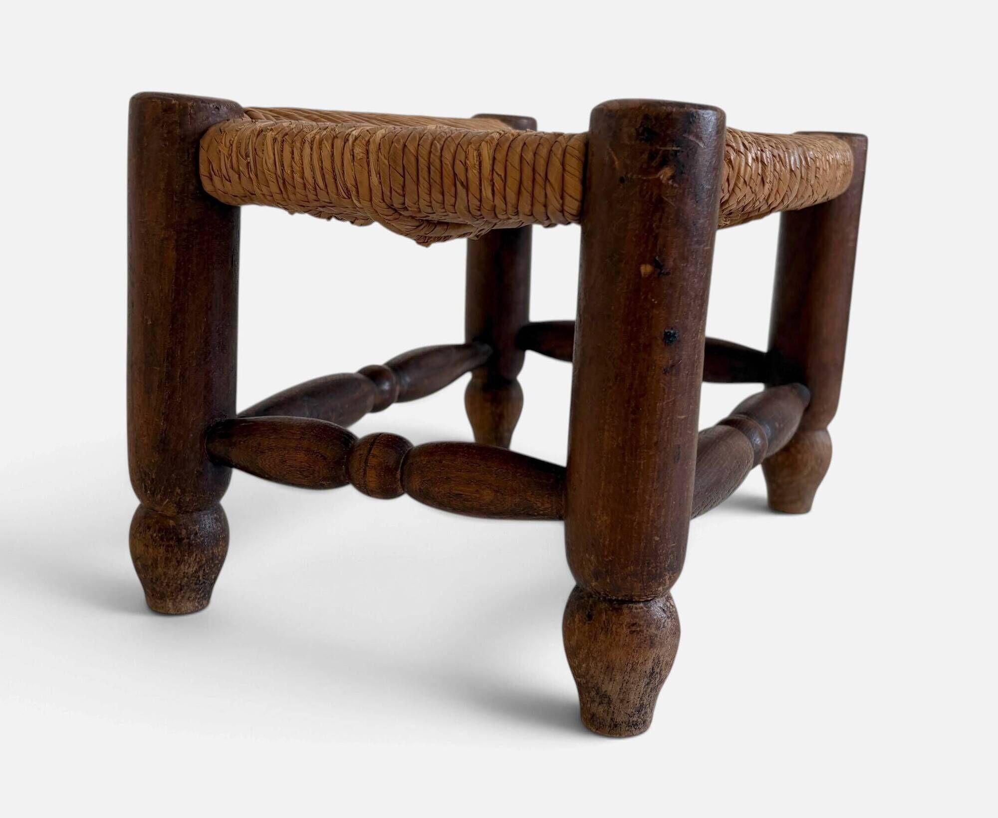 Rustic French Low Footstool in Turned Wood and Rush, Early 20th Century