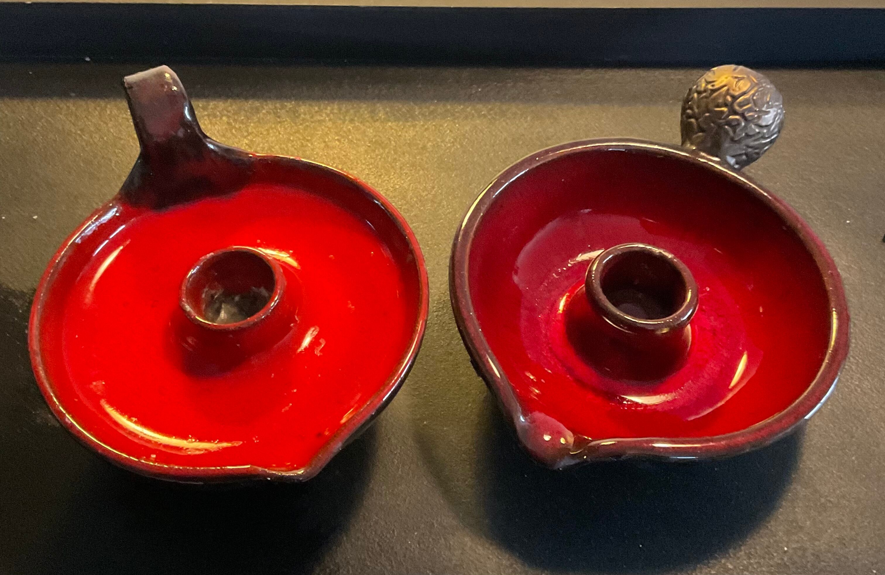 Duo of vintage enamelled ceramic candle holders born 60-70