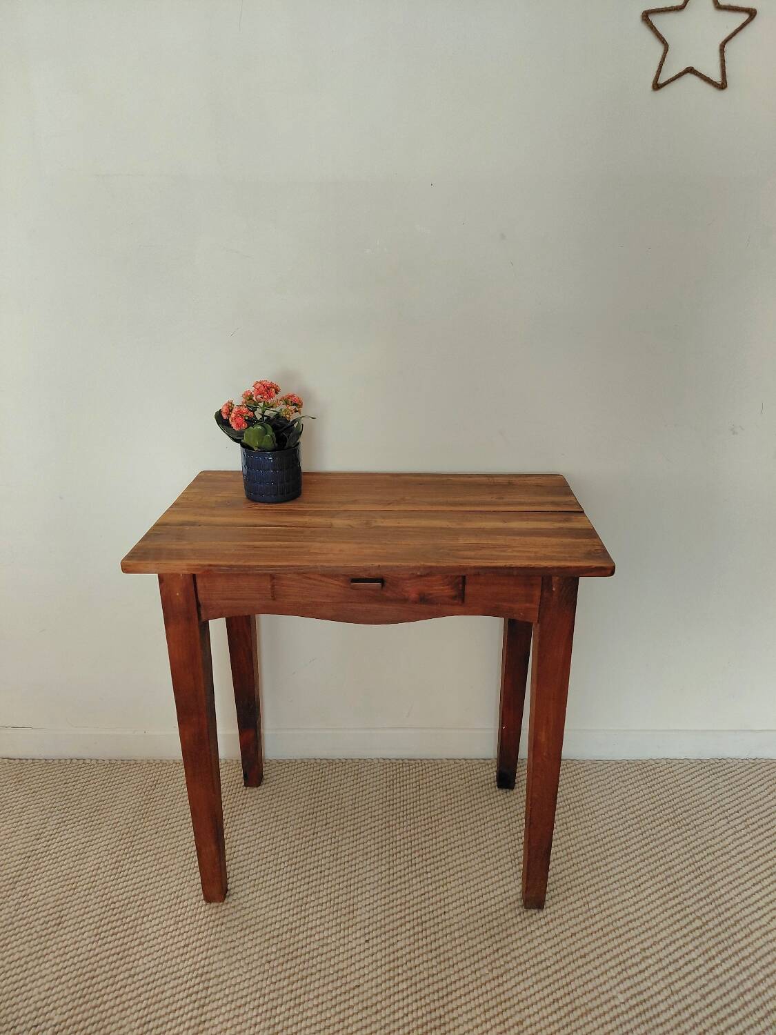 Small antique solid wood table in chic country style with a drawer.