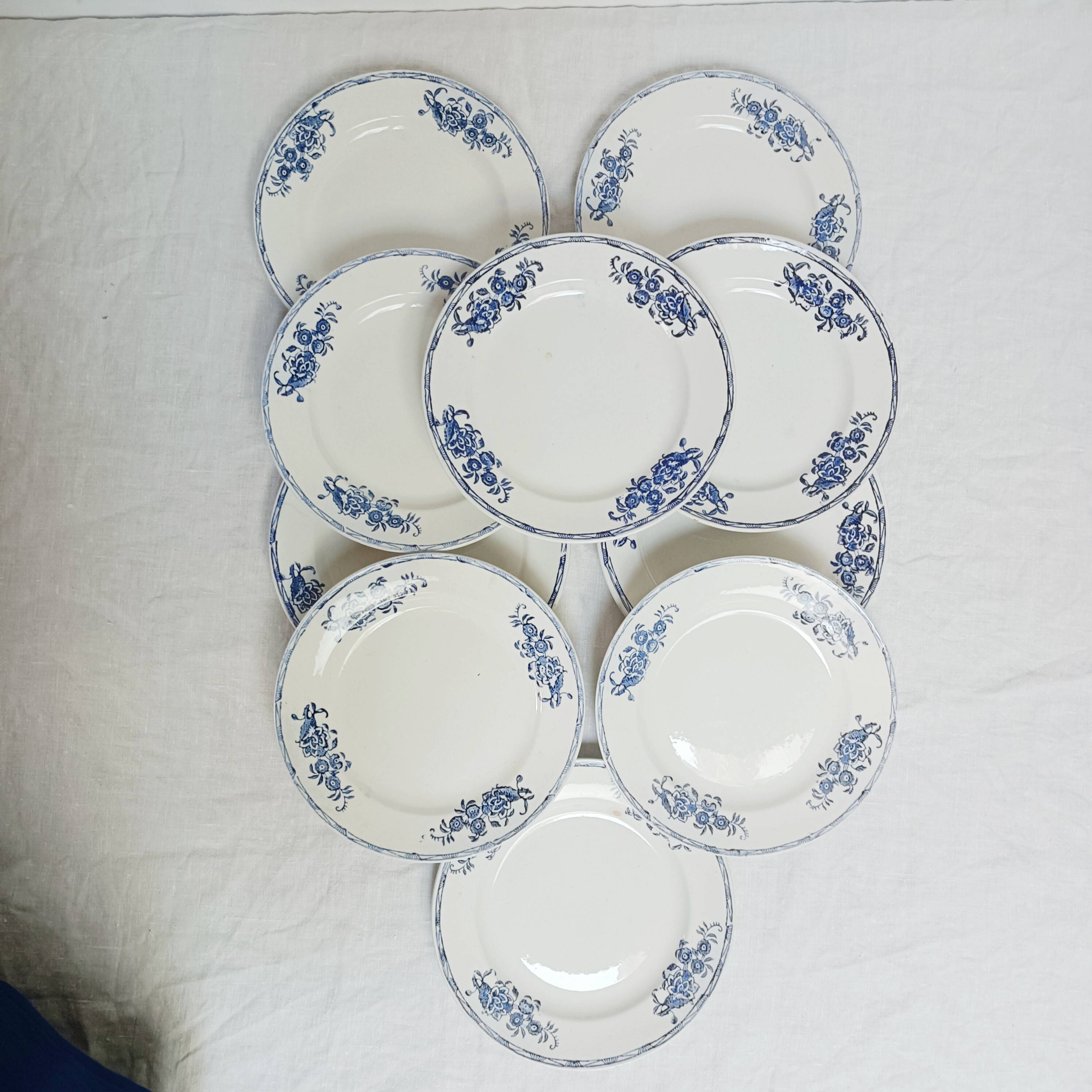 Set of 10 dessert plates, Saint-Amand, iron land, blue flowers