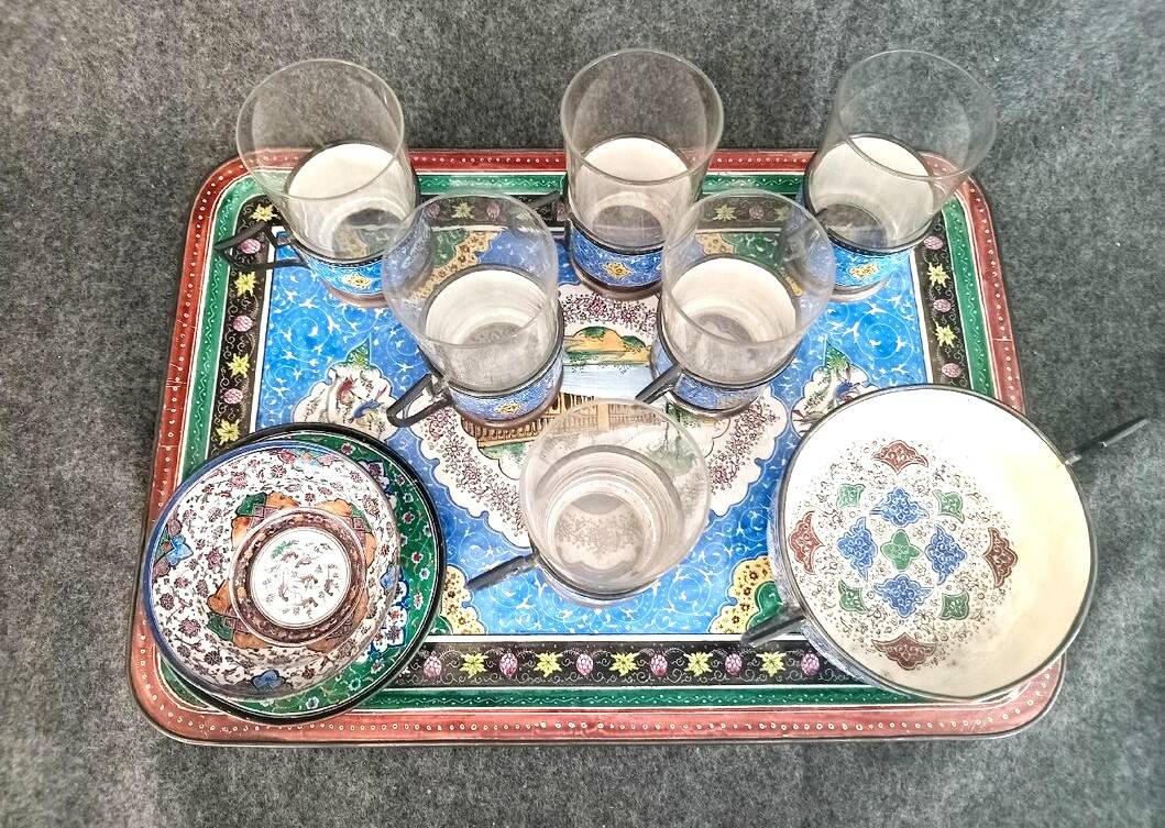 Antique tea service, Persian work, Baccarat crystal, enamels on copper