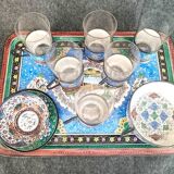 Antique tea service, Persian work, Baccarat crystal, enamels on copper