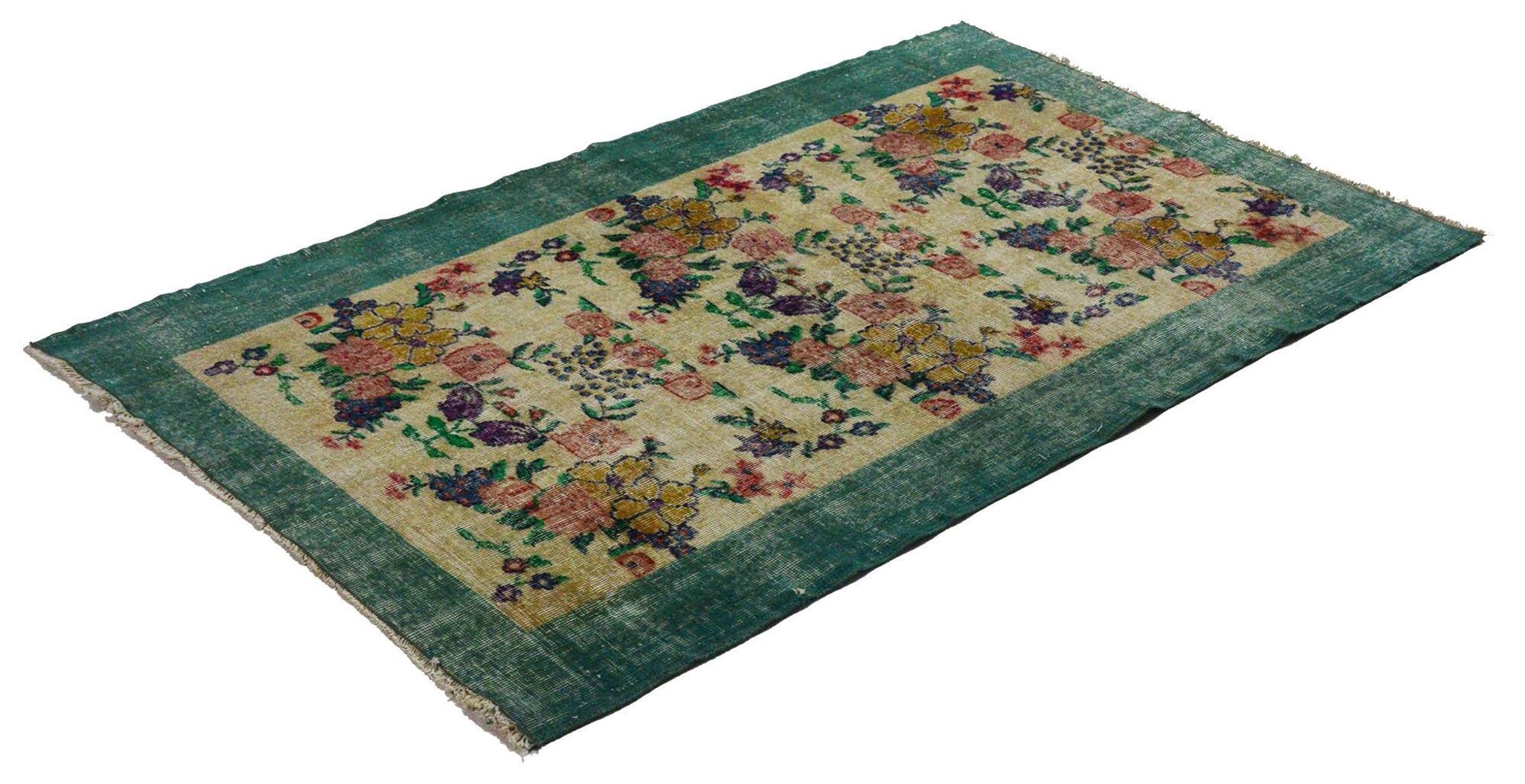 Vintage Turkish Carpet Floral Beige Green 194 x 109 cm