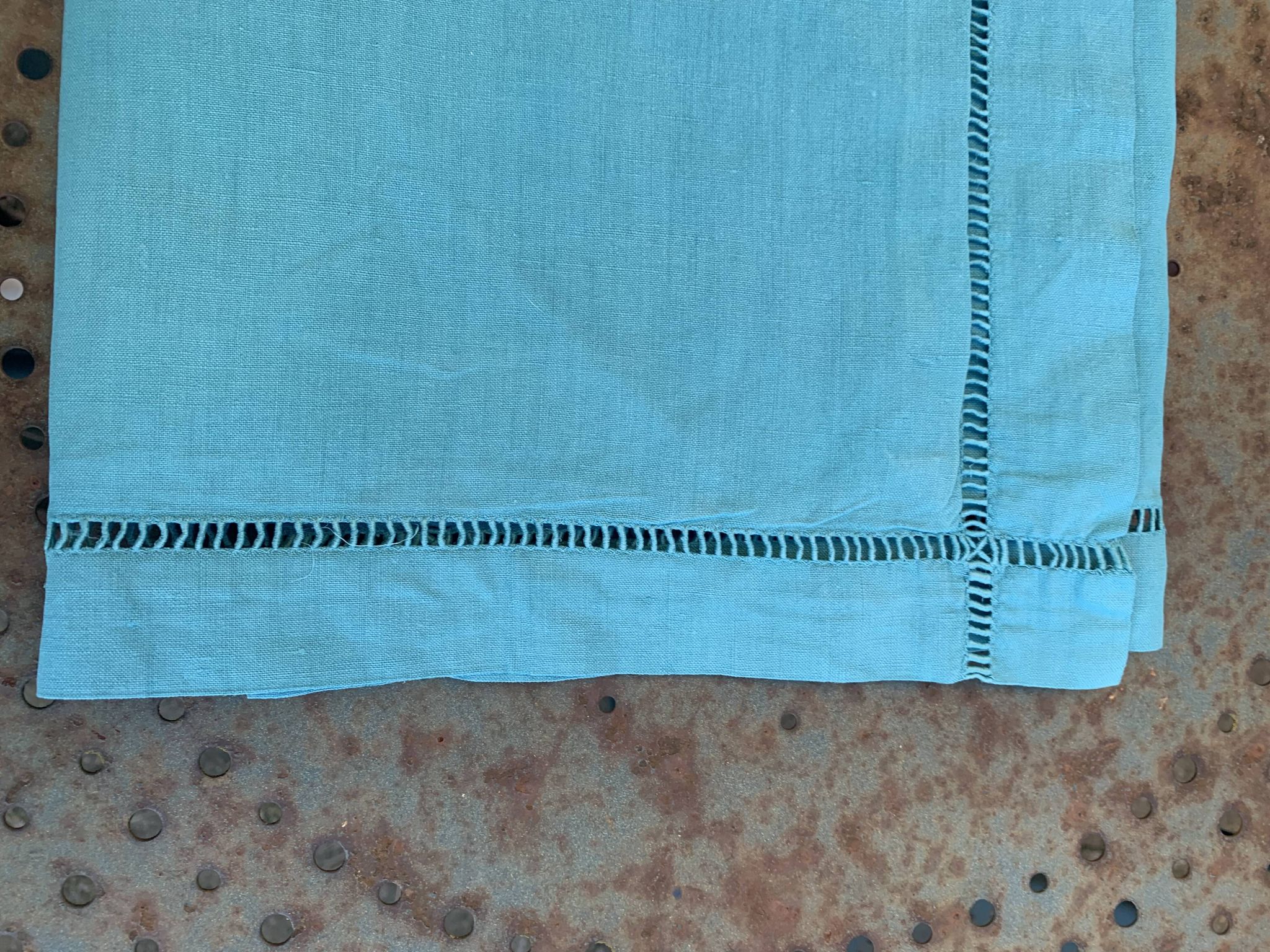 Large pillowcase, cotton linen, emerald blue tinted, border with openings, old