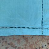 Large pillowcase, cotton linen, emerald blue tinted, border with openings, old