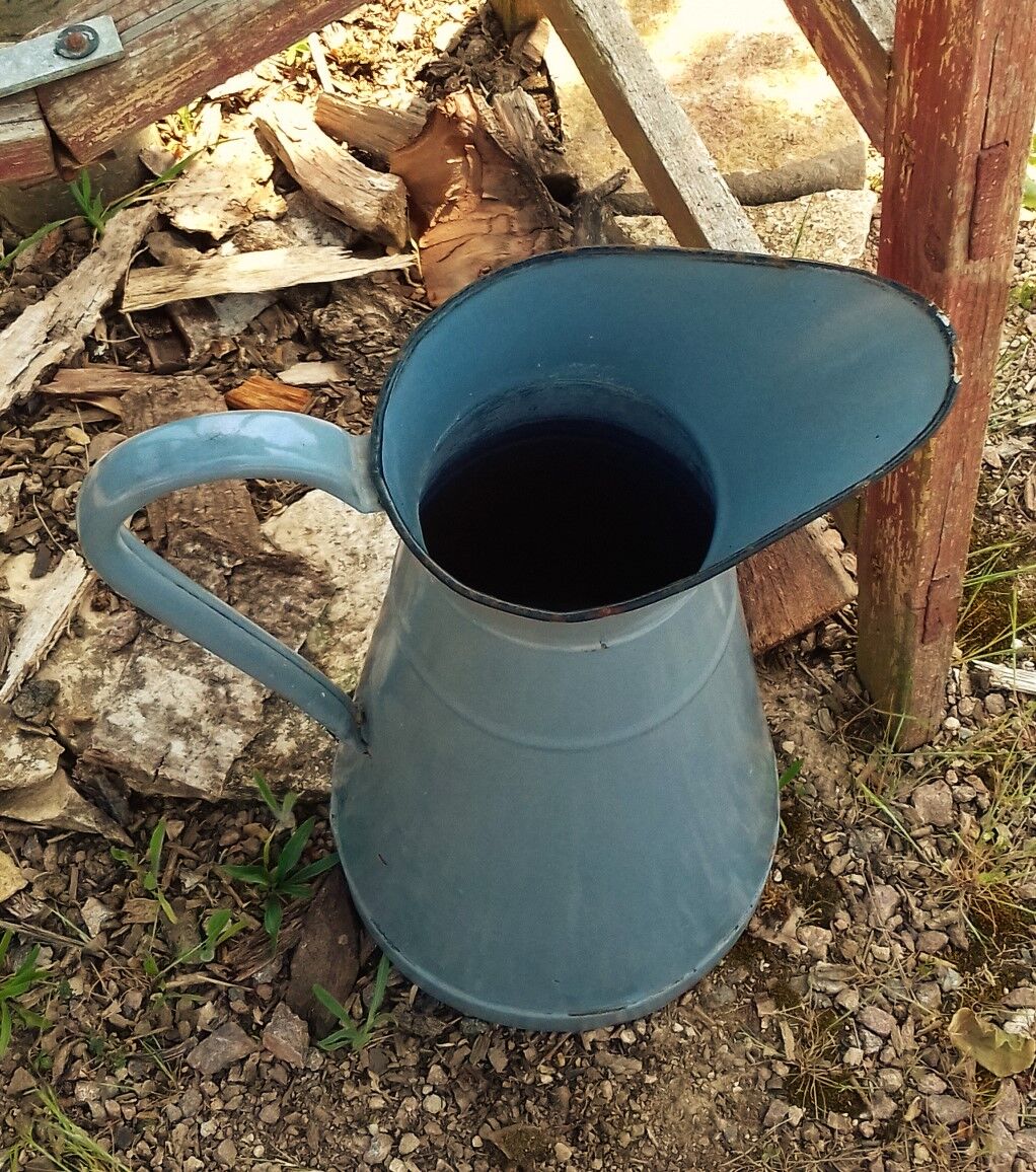 Grand Broc in enamelled sheet blue grey vintage spout + handle