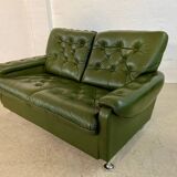 Vintage retro Danish 2 person olive green buttoned leather sofa 1970s