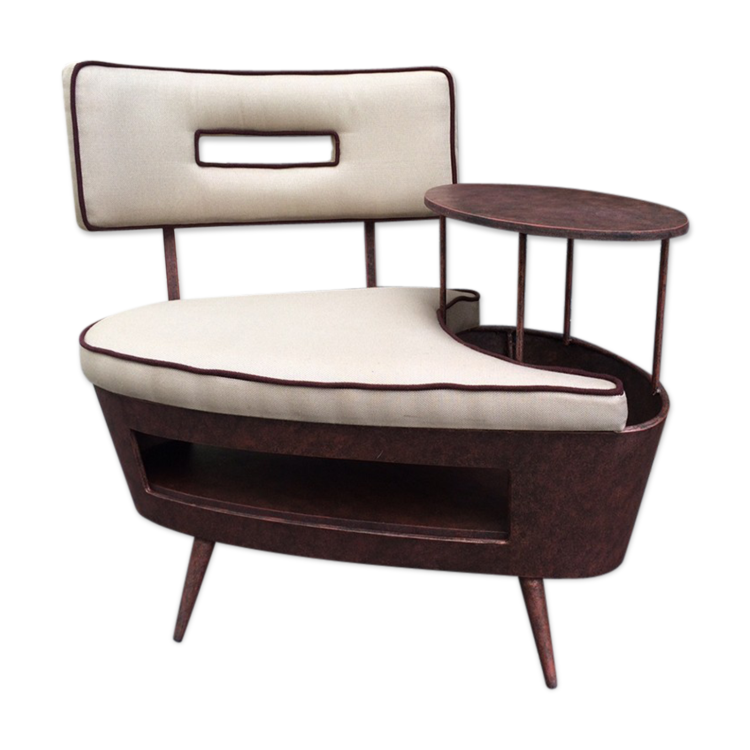 Mini-bench with shelf, antique metal and fabric, 1960
