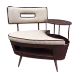 Mini-bench with shelf, antique metal and fabric, 1960