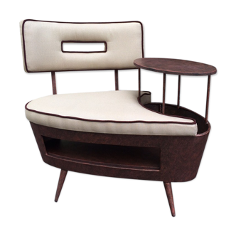 Mini-bench with shelf, antique metal and fabric, 1960