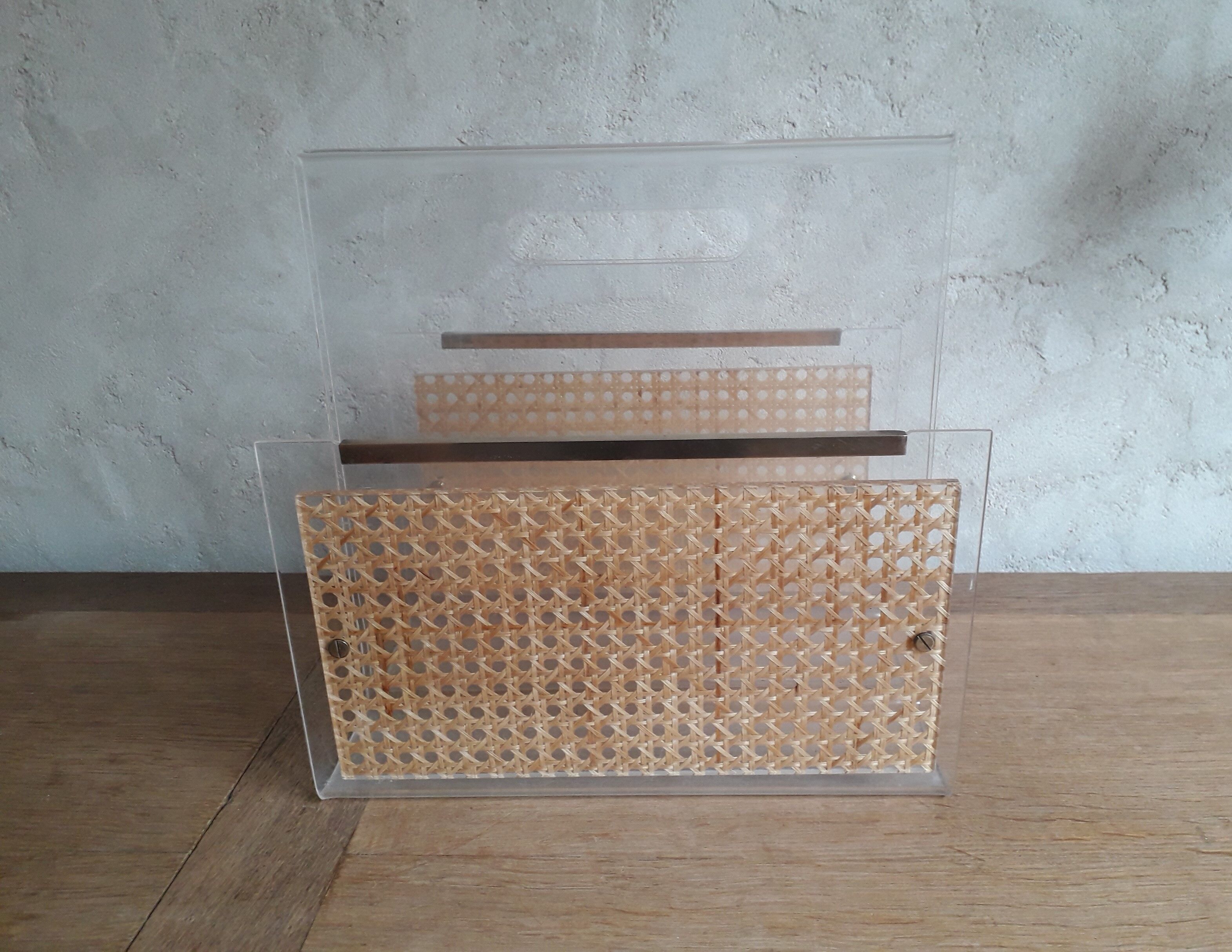 Plexiglas and cannage magazine holder