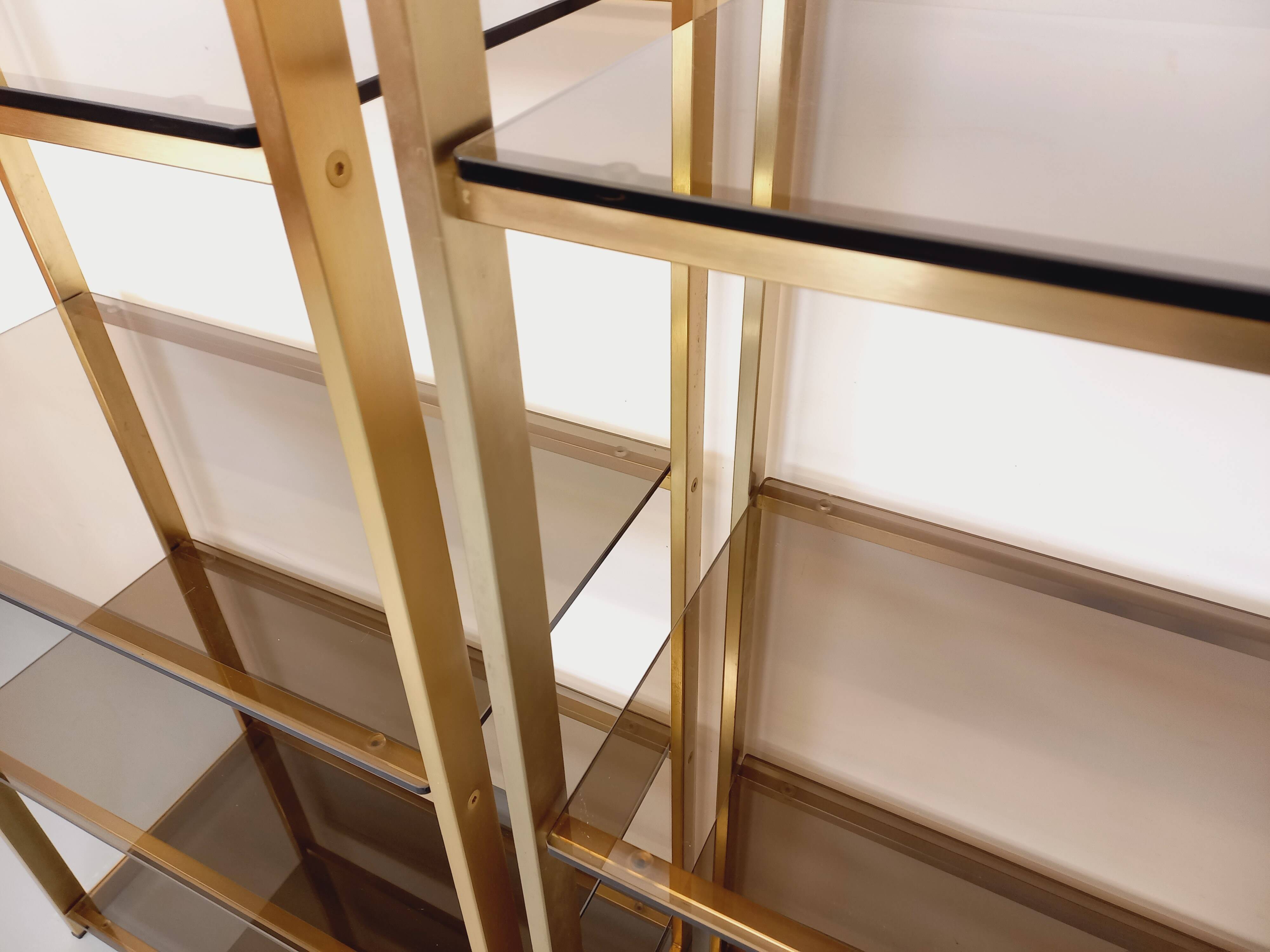 Artelano vintage bookcase shelves in gold metal smoked glass from the 70s