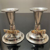 Pair of vintage candle holders in silver metal and brass